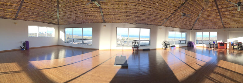 Large yoga studio space with ocean views